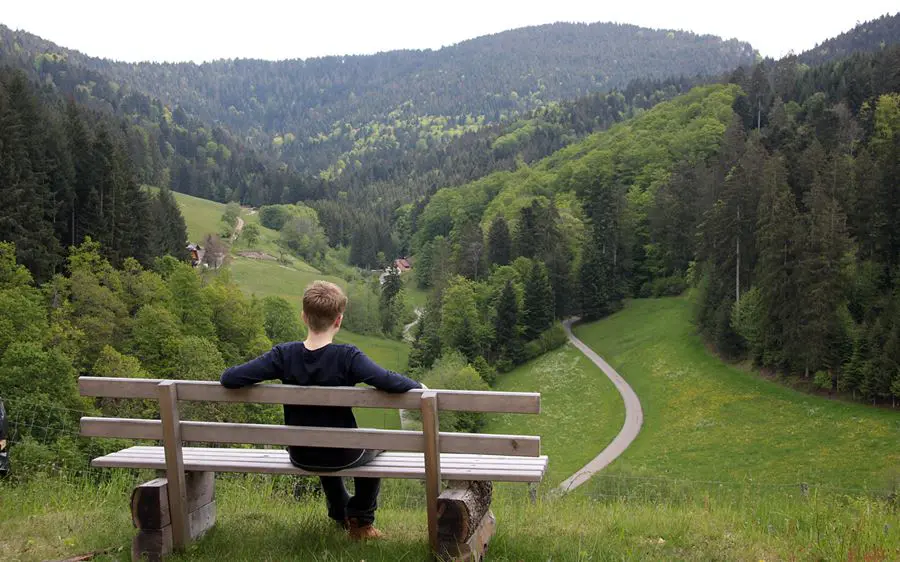 Jung sitzt auf einer Sitzbank und blickt ins hintere Zuwälder Tal